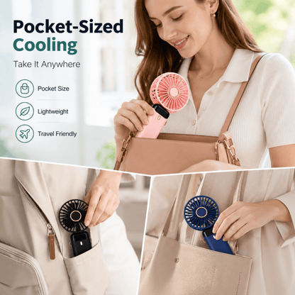 Pink pocket-size handheld fan clipped in a bag by a woman