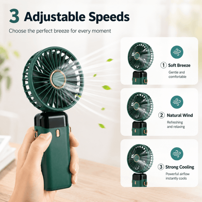 Green mini handheld fan on a stand with circular grille and foldable base