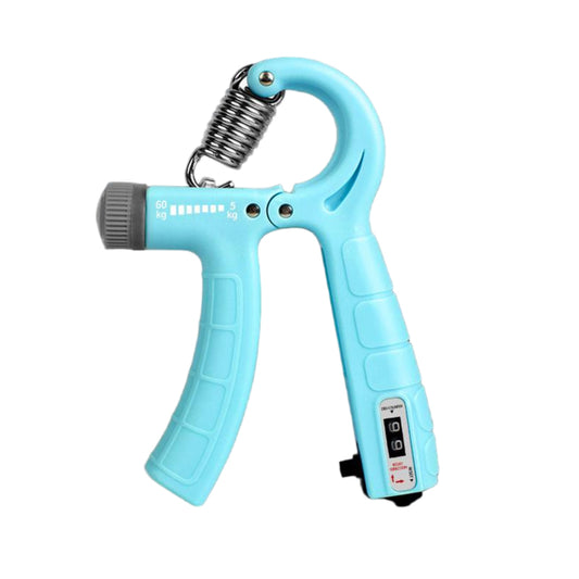 Sky blue hand grip strengthener with coiled spring and adjustable resistance dial