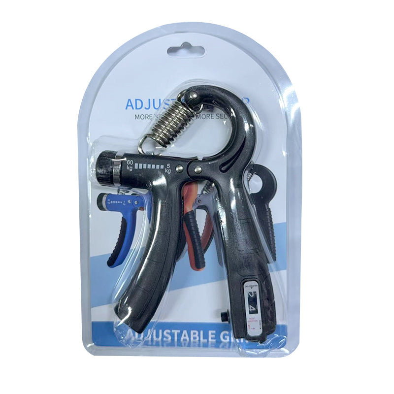 Adjustable grip strengthener in clear blister package with hanging hook