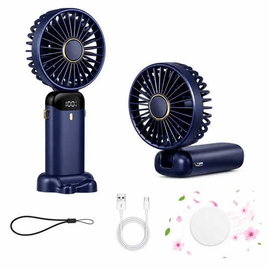 Navy portable mini fan with fold stand, USB rechargeable body, and charging cable