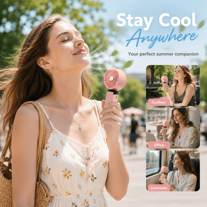 Pink handheld mini cooling fan with round grille, held near face
