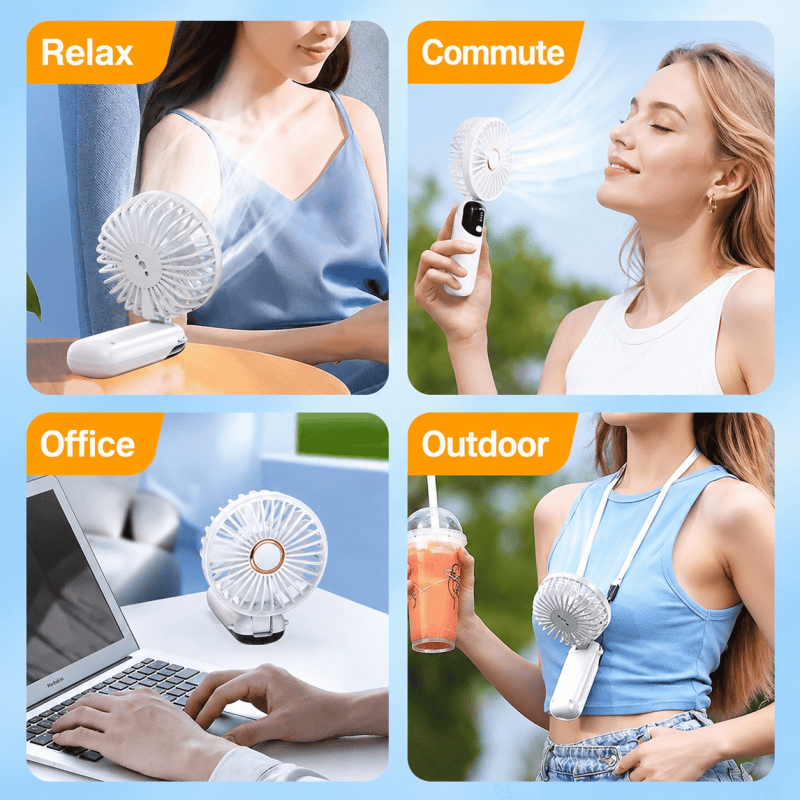 Portable mini cooling fan with round grille, shown in multiple use angles