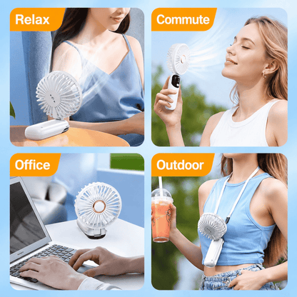 Portable mini cooling fan with round grille, shown in multiple use angles