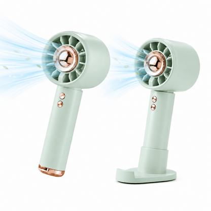 Mint green mini handheld fan with copper grille and phone-holder base