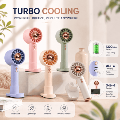 Handheld rechargeable fan set with phone-holder base in multiple colors, copper grille