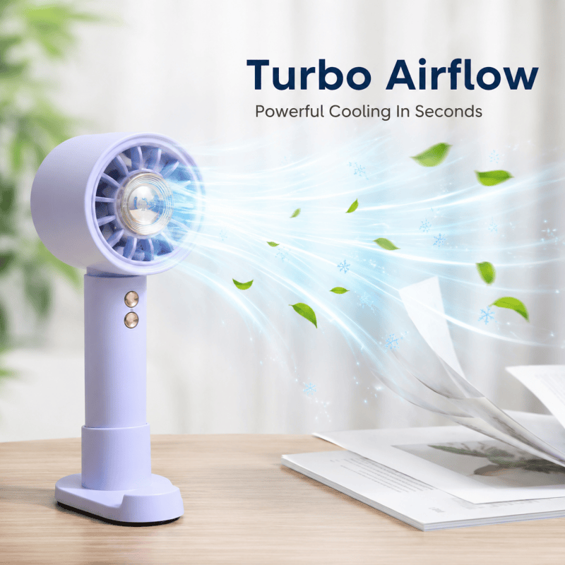 Lavender mini handheld rechargeable fan with base stand and copper grille