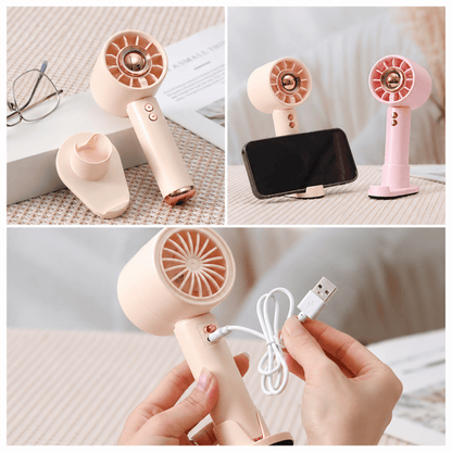 Rose and peach mini handheld fans with USB charging cable and base stand