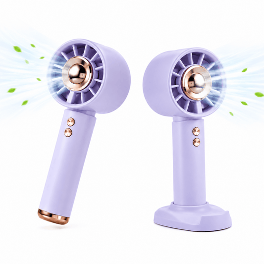 Purple handheld rechargeable mini fan with circular grille and base phone stand