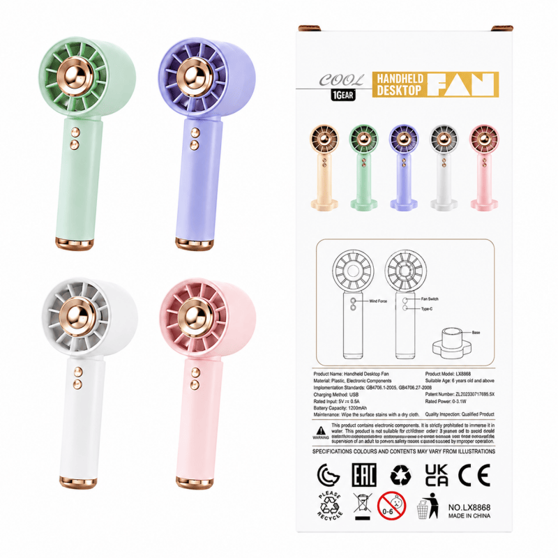 Set of portable mini fans in pastel colors, including purple handheld fan