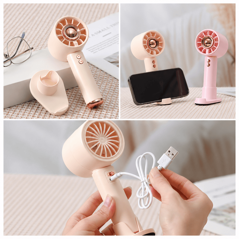 Purple mini fan charging with USB-C cable and showing the charging port