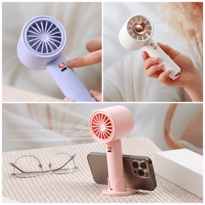 Purple handheld mini fan with finger control and phone stand position