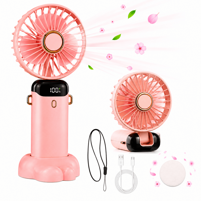 Pink portable handheld fan with circular grille and USB rechargeable base