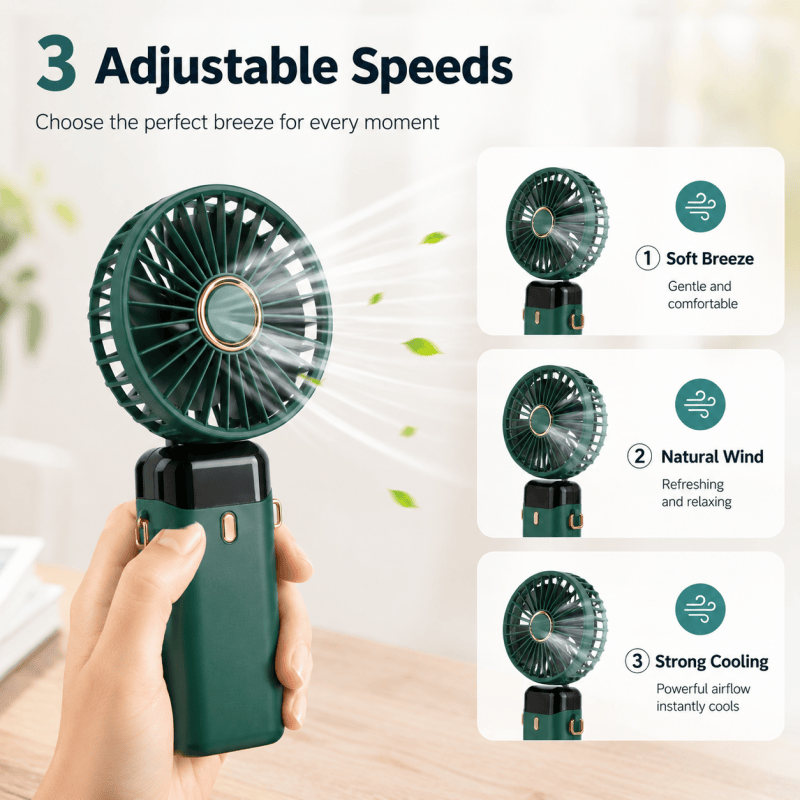 Teal portable handheld fan with circular grille and USB rechargeable base