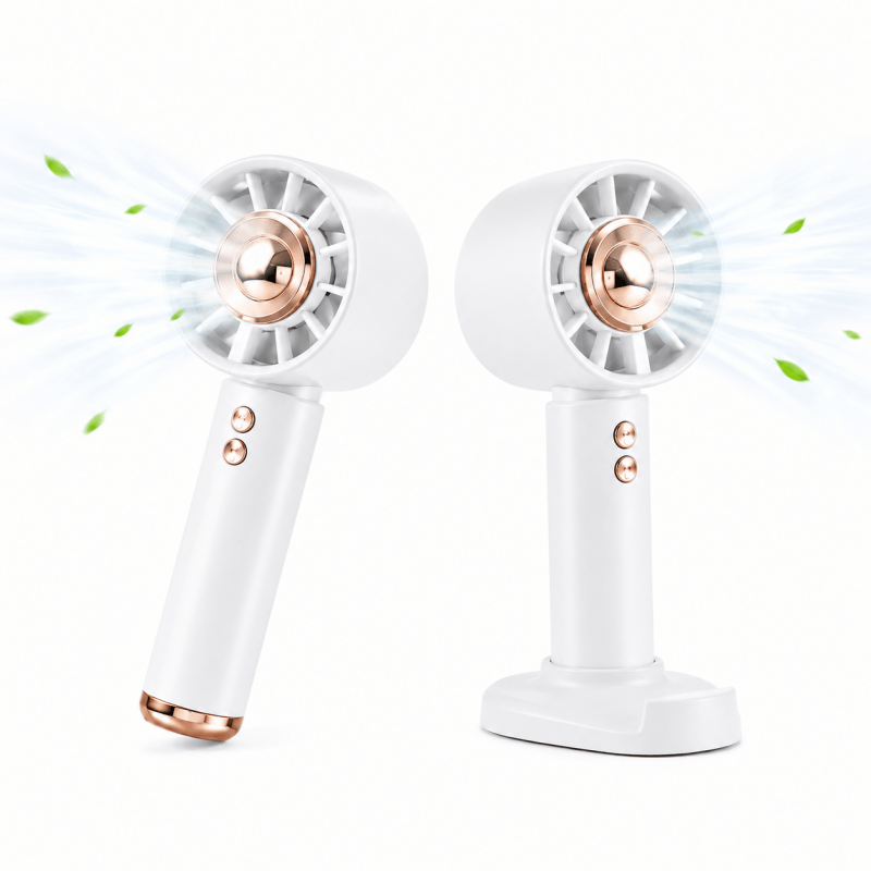 White handheld mini fan with circular grille and built-in phone holder base