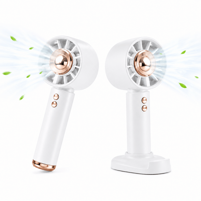 White handheld mini fan with circular grille and built-in phone holder base
