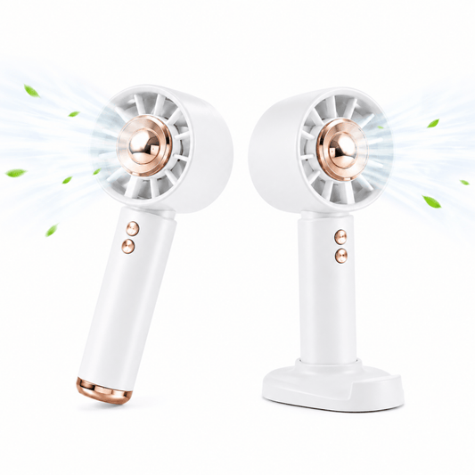 White handheld mini fan with circular grille and built-in phone holder base
