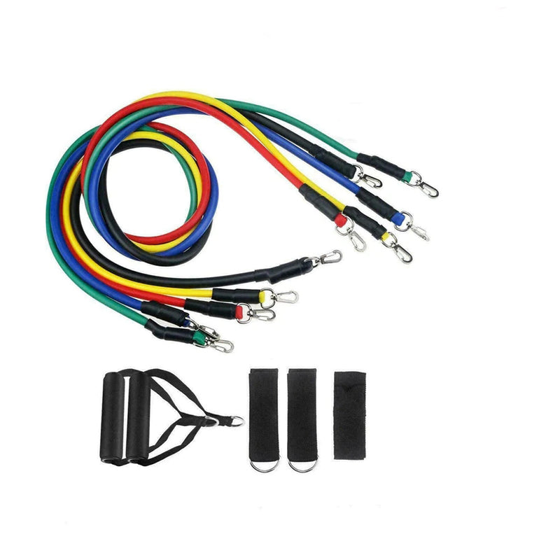 Set of 5 multicolor resistance exercise bands with black handles and metal clips