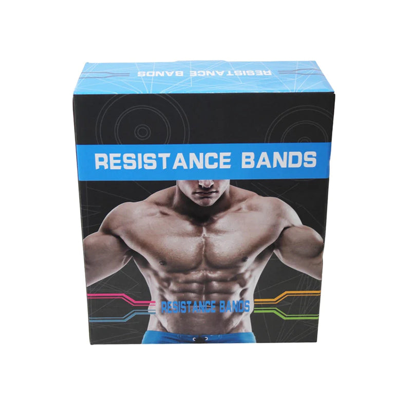 Resistance band set retail box with blue RESISTANCE BANDS header