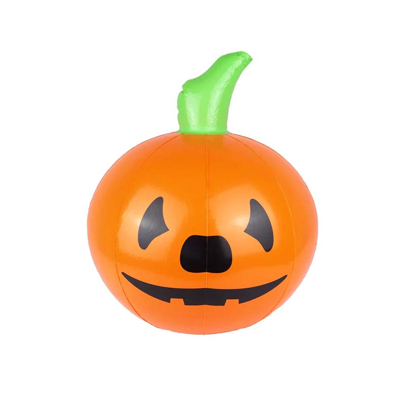 Orange inflatable jack-o’-lantern pumpkin with green stem and smiling face