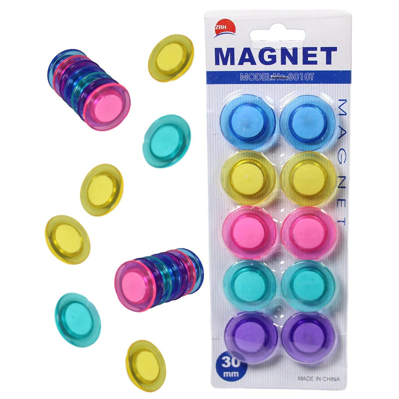 Assorted 30mm suction magnet pack with circular magnets in pink, purple, blue, teal, yellow