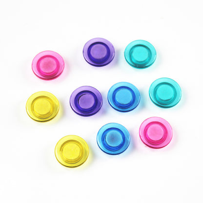 Set of 10 circular suction fridge magnets in pink, purple, blue, teal, and yellow