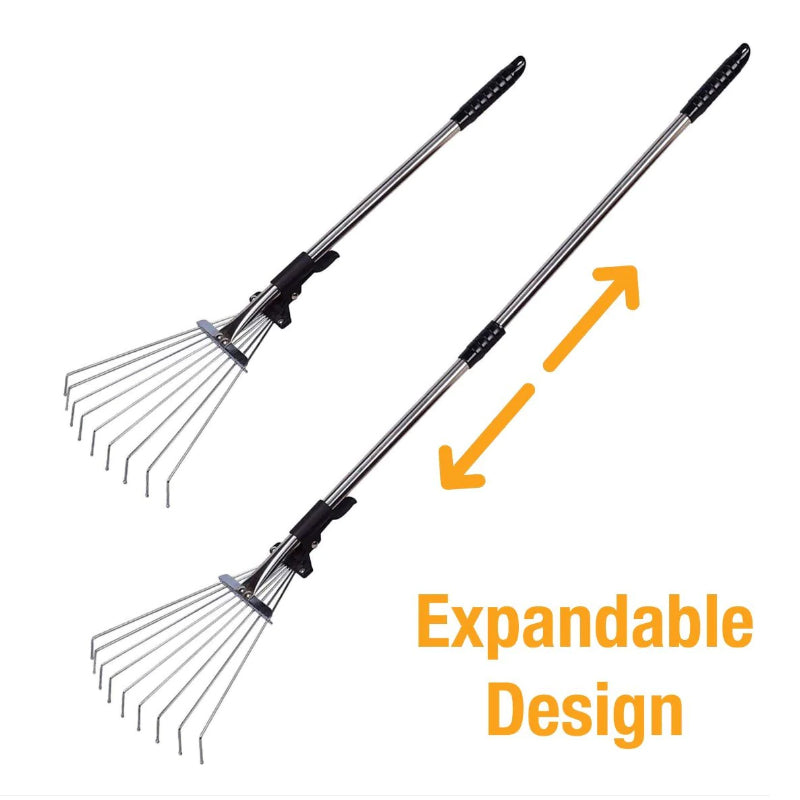 Expandable telescopic garden rake with black non-slip handle and metal tines, wide fan head