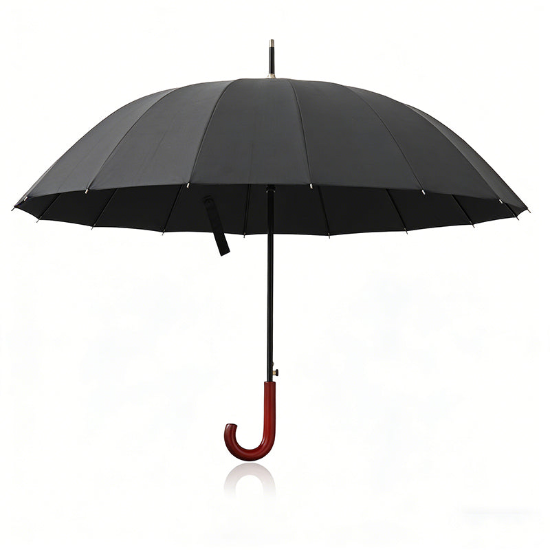 Windproof umbrella, black canopy with red curved hook handle