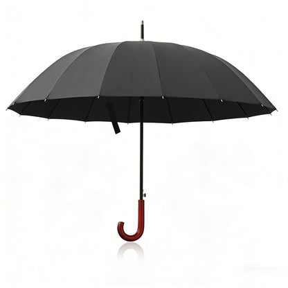 Windproof umbrella, black canopy with red curved hook handle