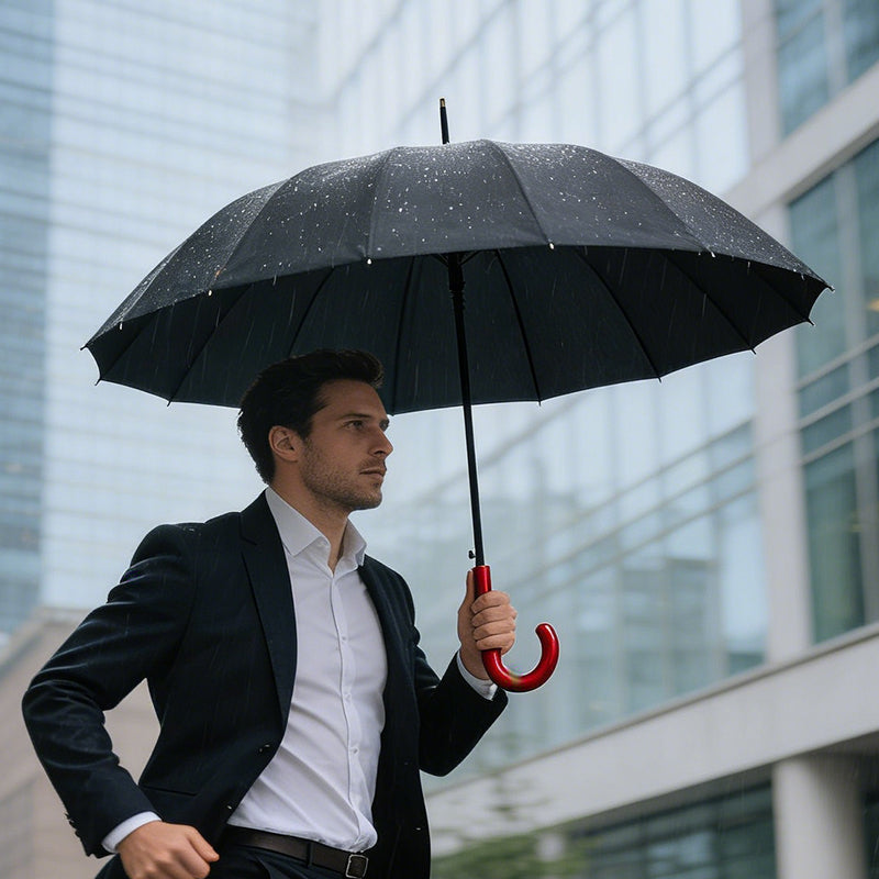 Windproof umbrella open, black canopy with red curved hook handle