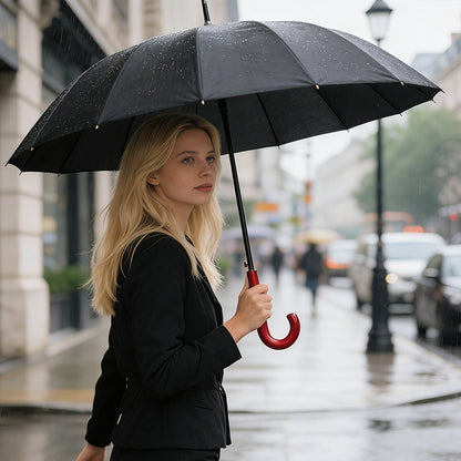 Windproof umbrella open, black canopy with red curved hook handle in hand