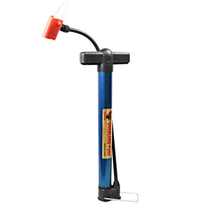 Portable bike floor pump, manual inflator with red nozzle and blue cylinder