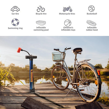 Portable bike floor pump with red connector and black handle grips