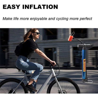 Portable bike floor pump with red valve head and blue standing cylinder