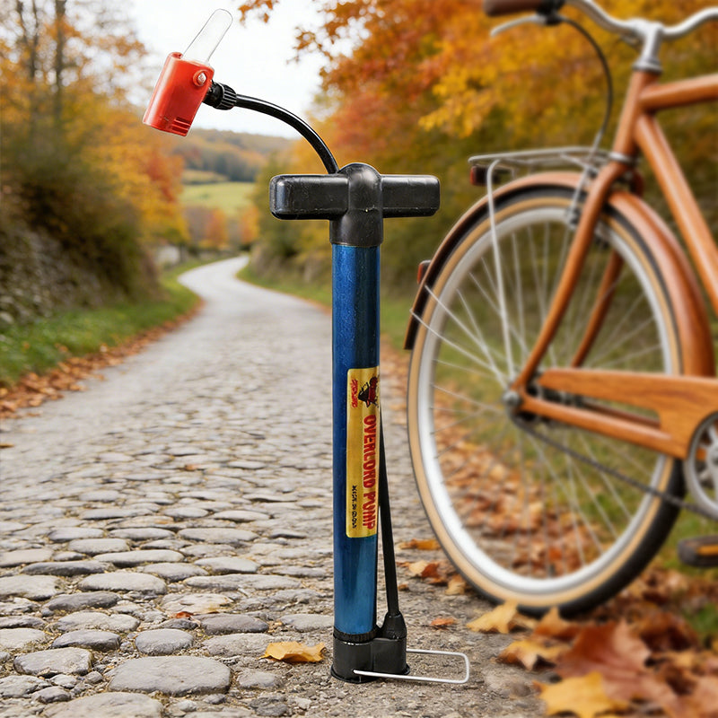 Portable bike floor pump standing upright with red head and blue body
