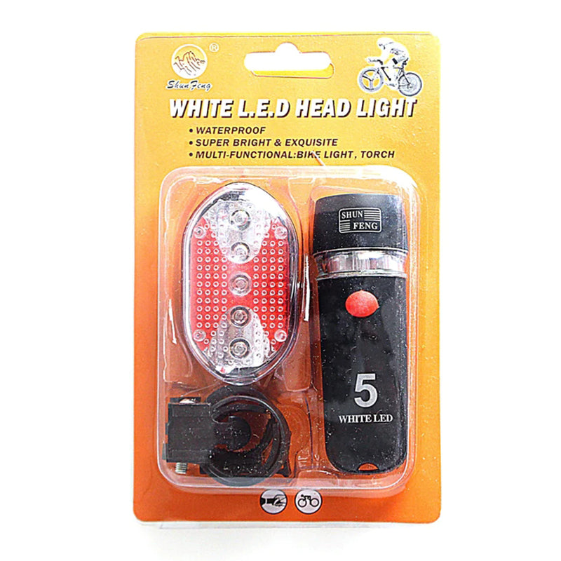 Waterproof LED bicycle headlight set in blister pack, white LED lens and black torch
