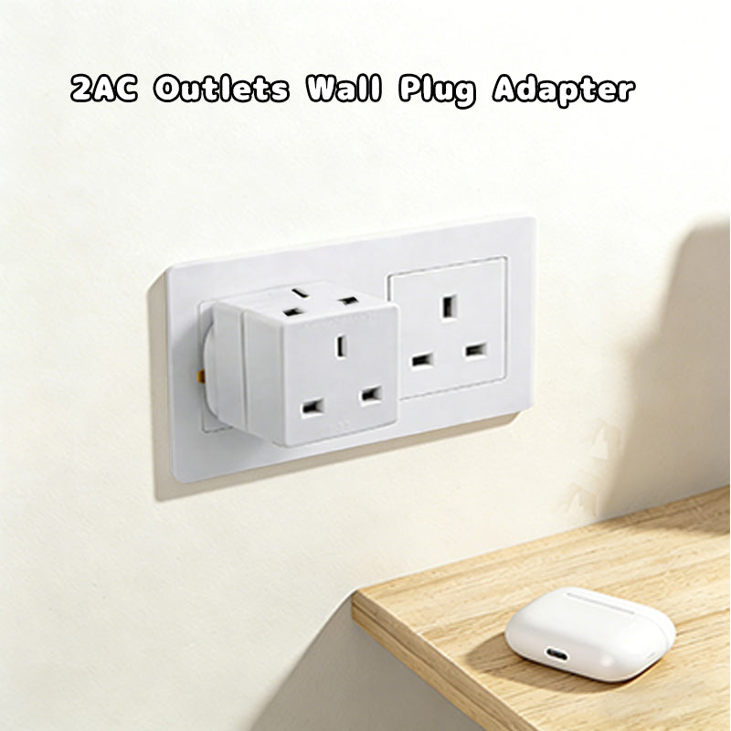 Wall plug adapter with UK-style multi-socket ports, white compact mains extender