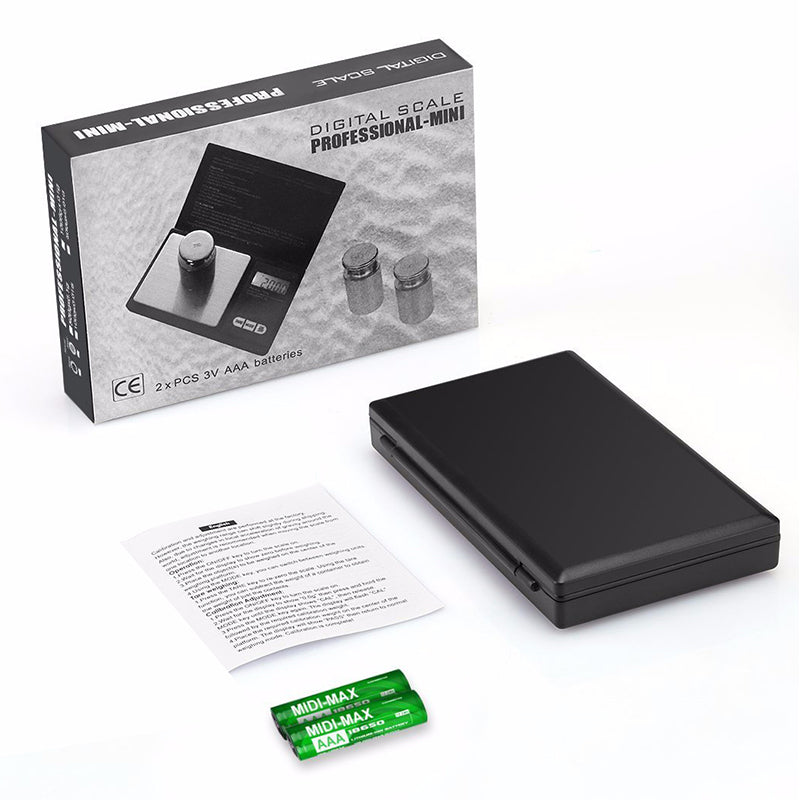 Digital pocket mini jewellery weighing scale with black cover, paper manual and batteries