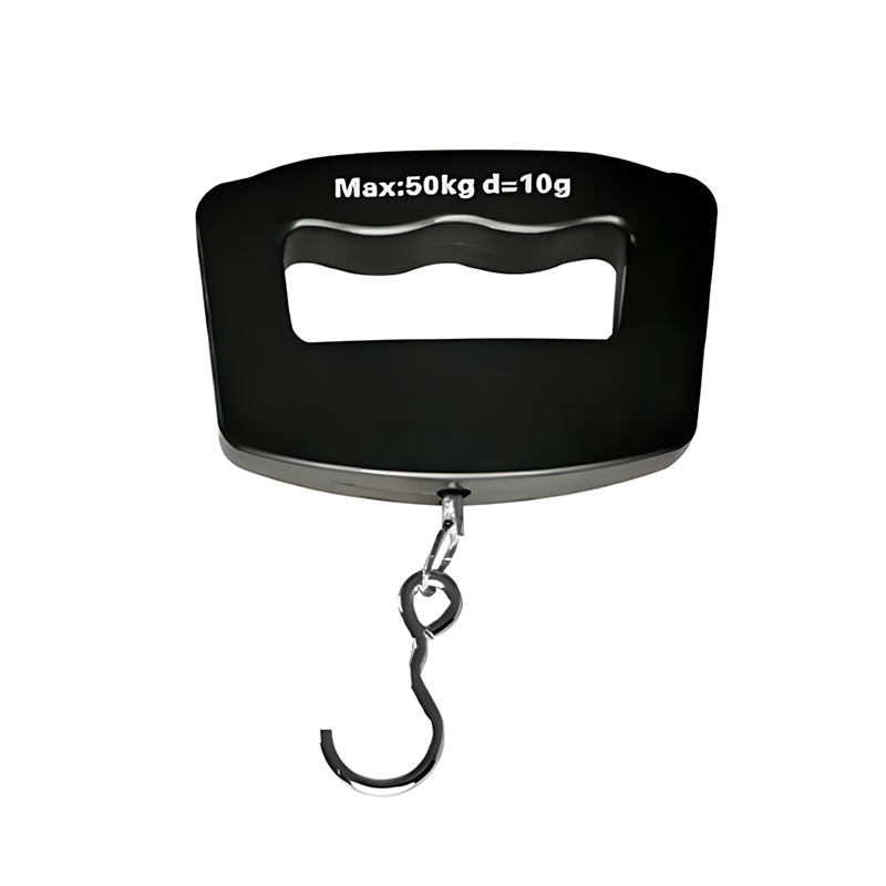 Portable luggage scale with black housing, open display window, and hanging hook