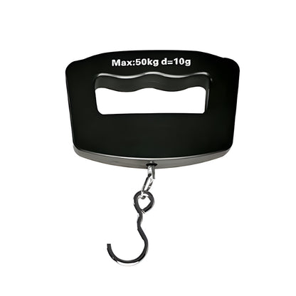 Portable luggage scale with black housing, open display window, and hanging hook