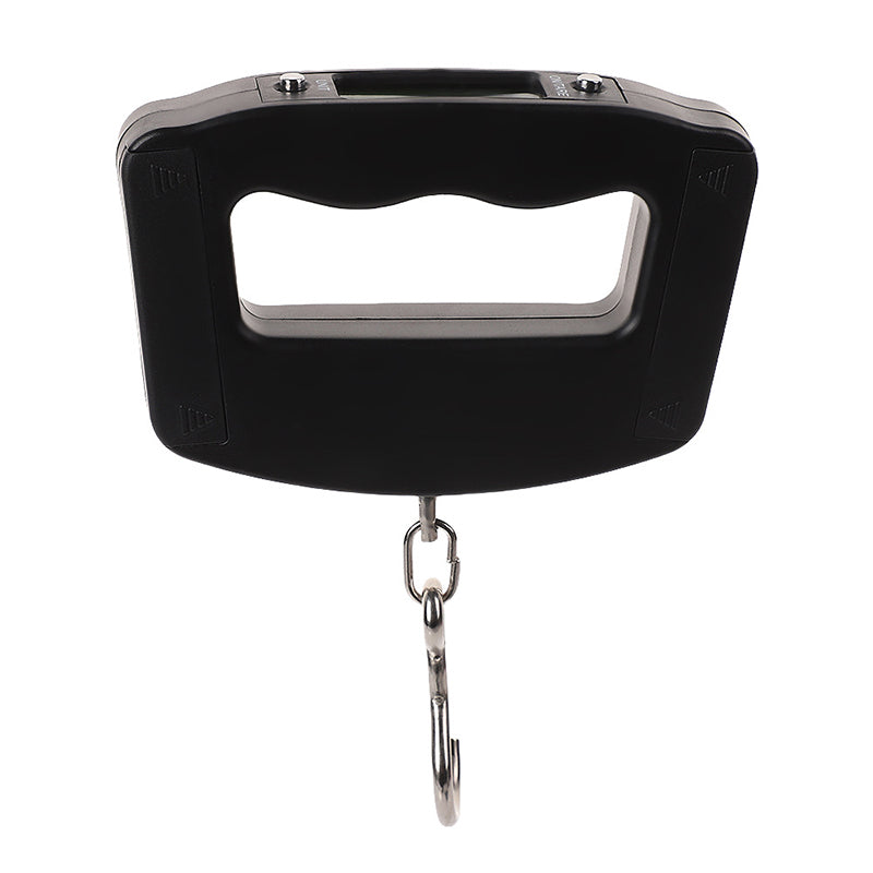 Black luggage weighing scale with chrome hook and chain attachment, top view