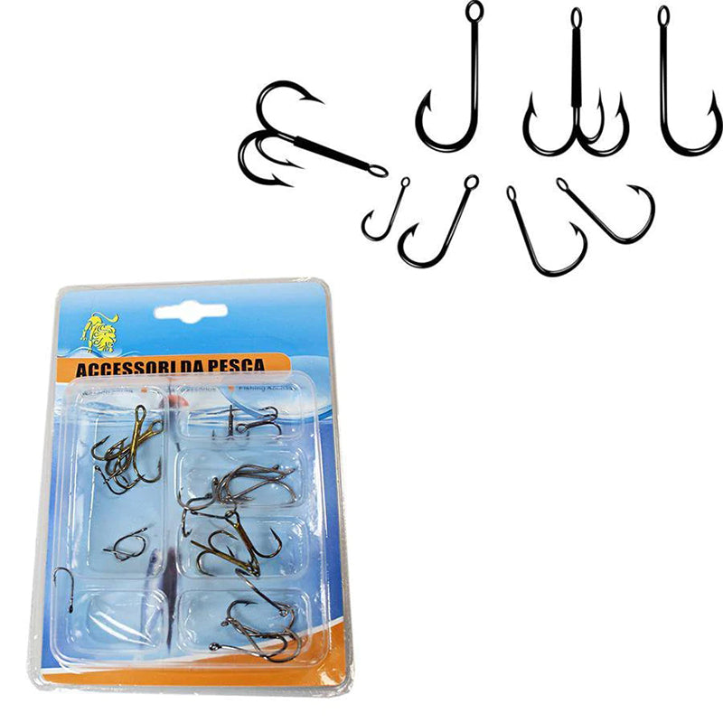 Assorted black fishing hooks with blister pack and loose hook pieces