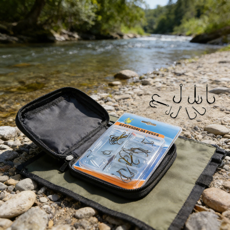 Assorted fishing hooks in a zip pouch, with silver hooks in a blister card
