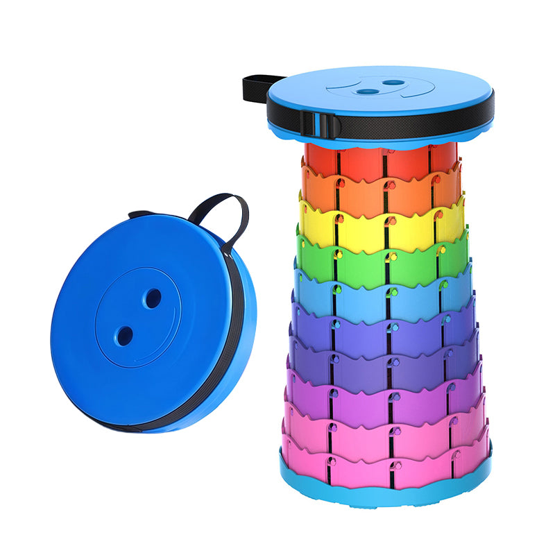 Rainbow telescopic camping stool with blue top seat, non-slip base, and carrying handle