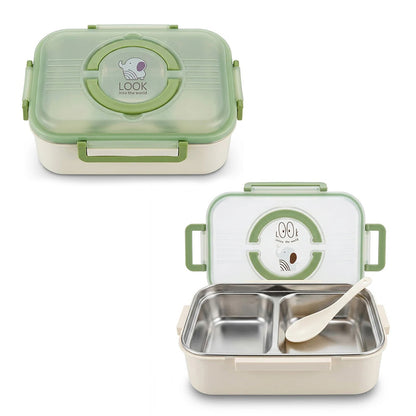 Insulated lunch box with spoon, 2 compartments, mint green lid and white base