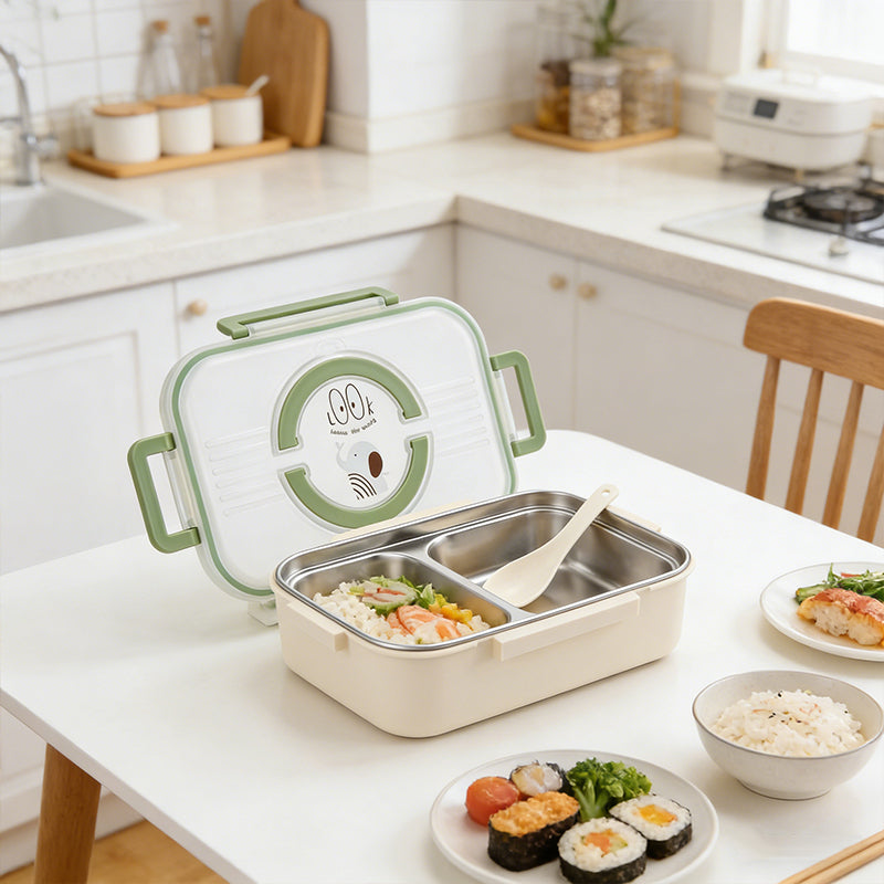 Insulated lunch box with spoon, two stainless compartments open on white table