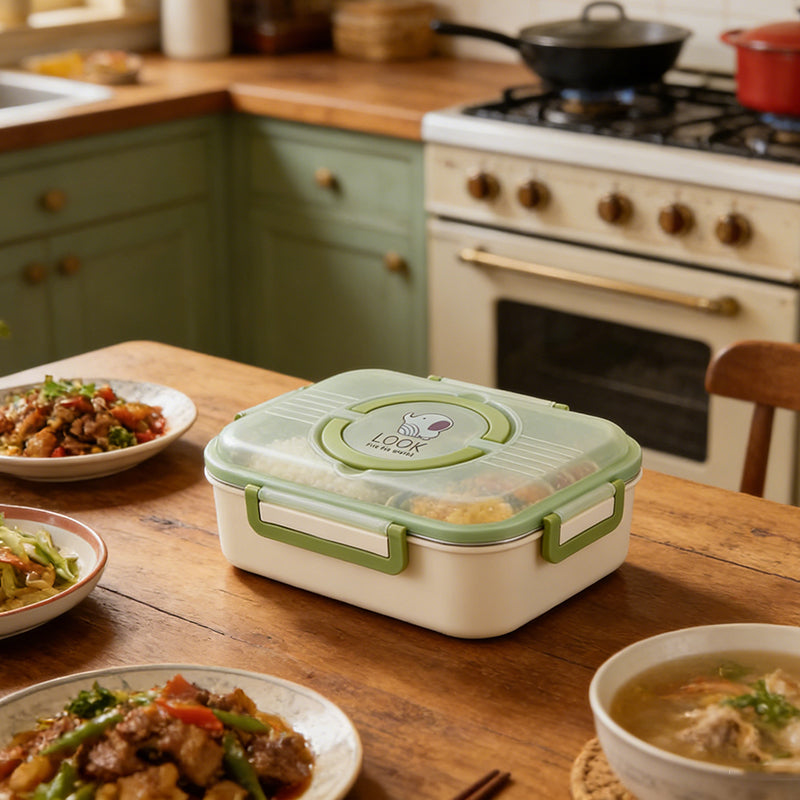 Insulated lunch box opened, showing two stainless compartments and plastic spoon