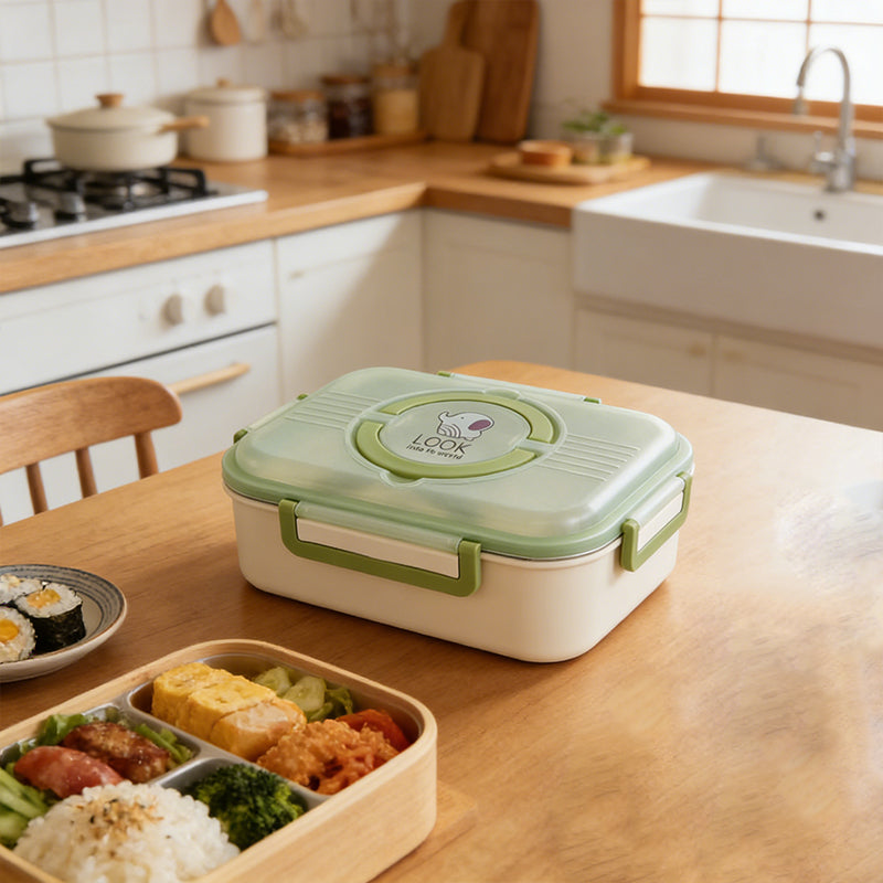 Insulated lunch box closed, mint green lid with carry handles on table