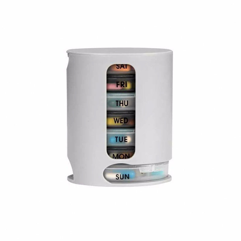 White 7-day pill organizer with sun–sat labeled compartments