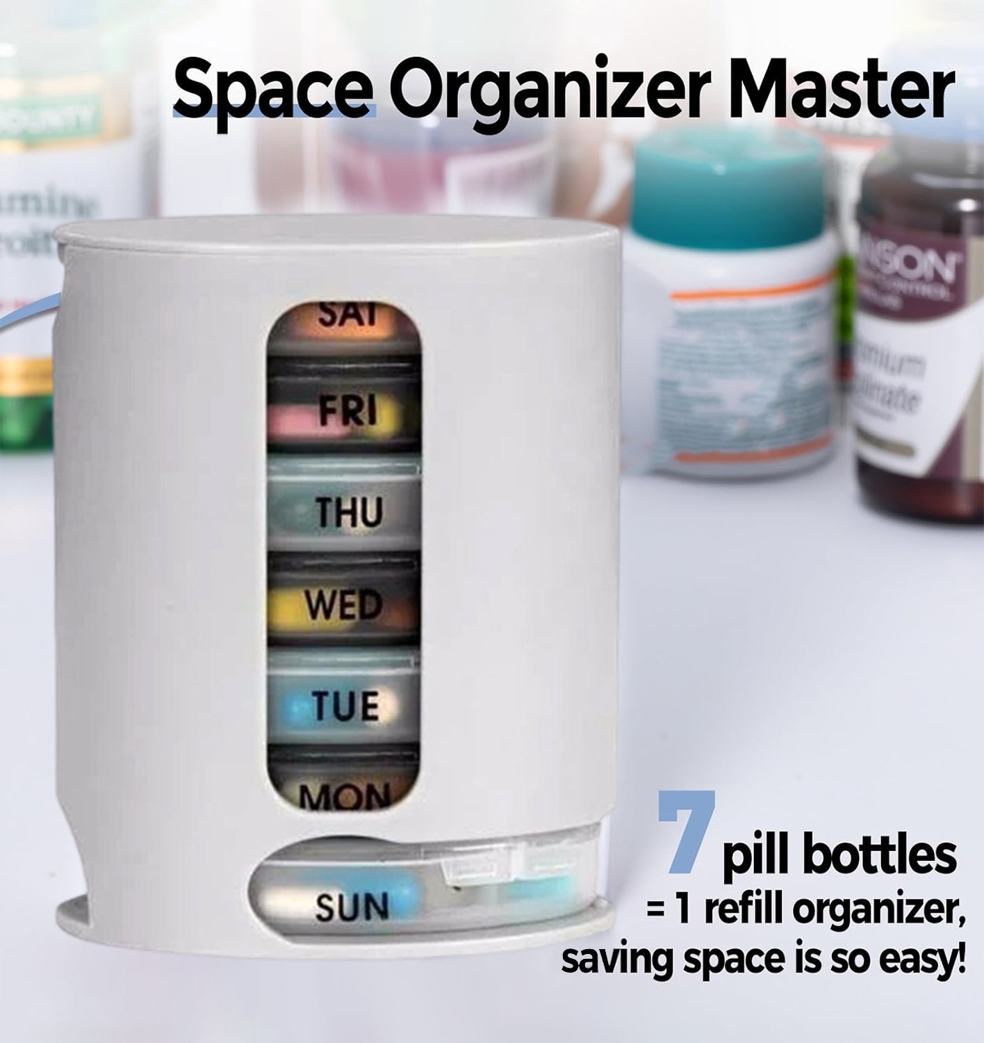 White 7-day pill organizer with sun–sat labeled compartments